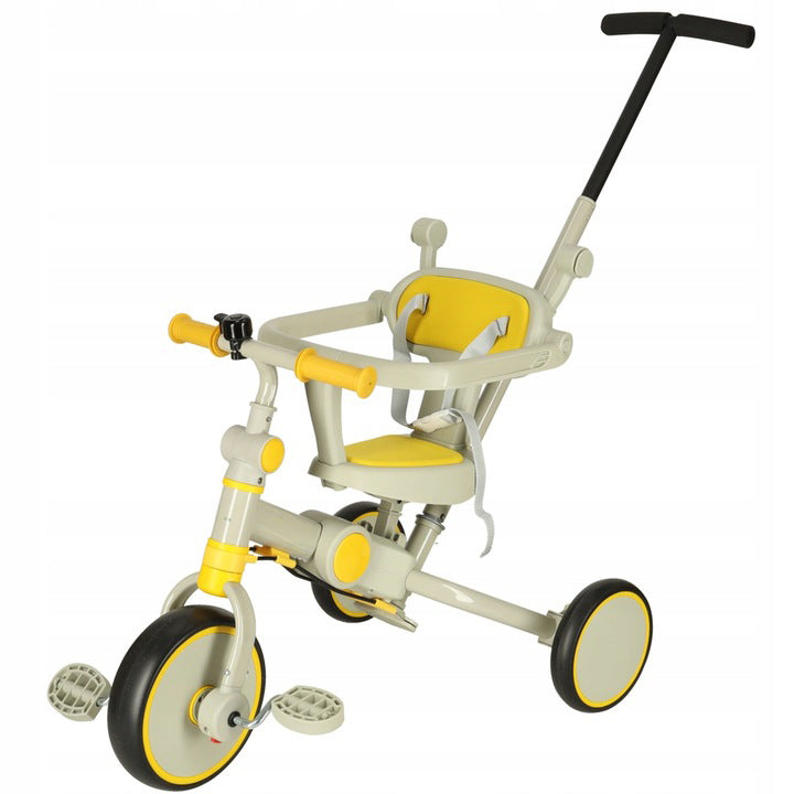 Tricicleta 6 in 1 copii, Zola, cu pedale, baldachin UV pliabil si detasabil, greutate suportata 25 kg, cadru otel, bej/galben Tricicleta 6 in 1 copii, Zola, cu pedale, baldachin UV pliabil si detasabil, greutate suportata 25 kg, cadru otel, bej/galben